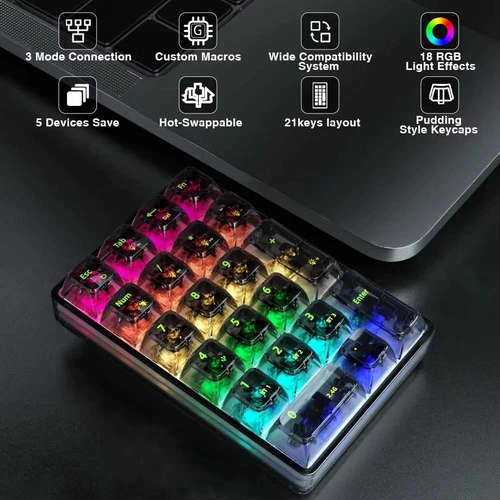 2025 New K21 Number Pad Bluetooth Mechanical Keyboard RGB 21Keys Transparent Photoshop Accounting Numpad Gaming Keyboard White