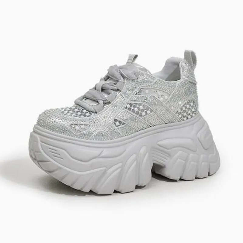 9CM Air Mesh Microfiber Synthetic Leather Summer Shoes Breathable High Platform New Women Chunky Sneakers Vulcanize Bling Shoes