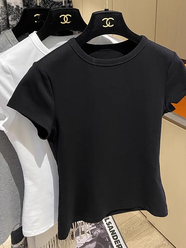 

Женская летняя футболка Slim Fit, новая, для повседневной носки, в корейском стиле, с круглым вырезом, средней длины, влагоотводящая...