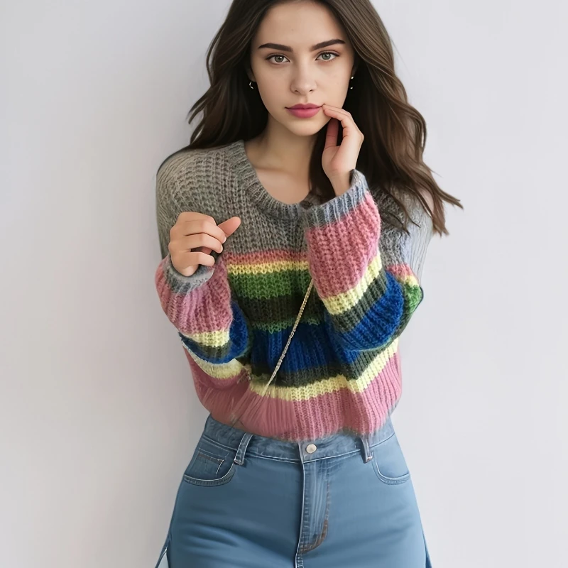 

Осенне-зимний женский новый полосатый свитер с длинными рукавами в тон, модный свободный и элегантный трикотаж, джемпер с круглым вырезом