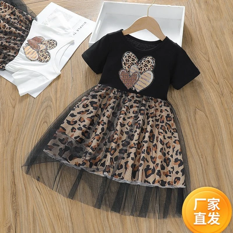 

Children's Summer Baby Girl Dress2026New stylish girls' printed patchwork leopard print mesh skirt