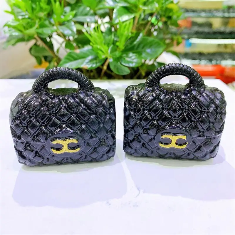 

10CM Natural Black Obsidian Handbag Carving Gemstone Carved Figurine Healing Crystal Crafts Fashion Ornament Gift 1PCS