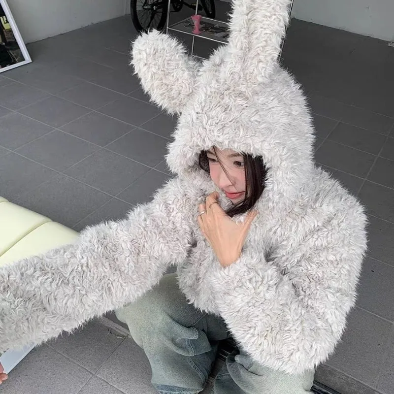 귀여운 토끼 귀 모피 짧은 후드 자켓 여성 겨울 다목적 지퍼 느슨한 두꺼운 게으른 스타일 캐주얼 코트 여성 의류