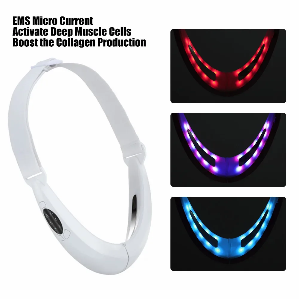 充電式 V フェイスマッサージャー 5 モードフェイシャルマイクロカレントフェイスリフティング痩身マシンスキンケアベルト EMS 二重あごリデューサー