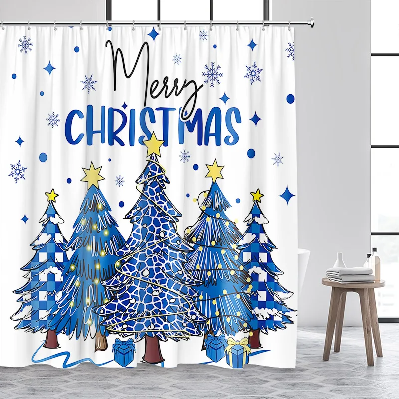 

Blue Christmas Tree Shower Curtain Winter Snowflake Pine Trees New Year Christmas Bath Curtains Fabric Bathroom Decor With Hooks