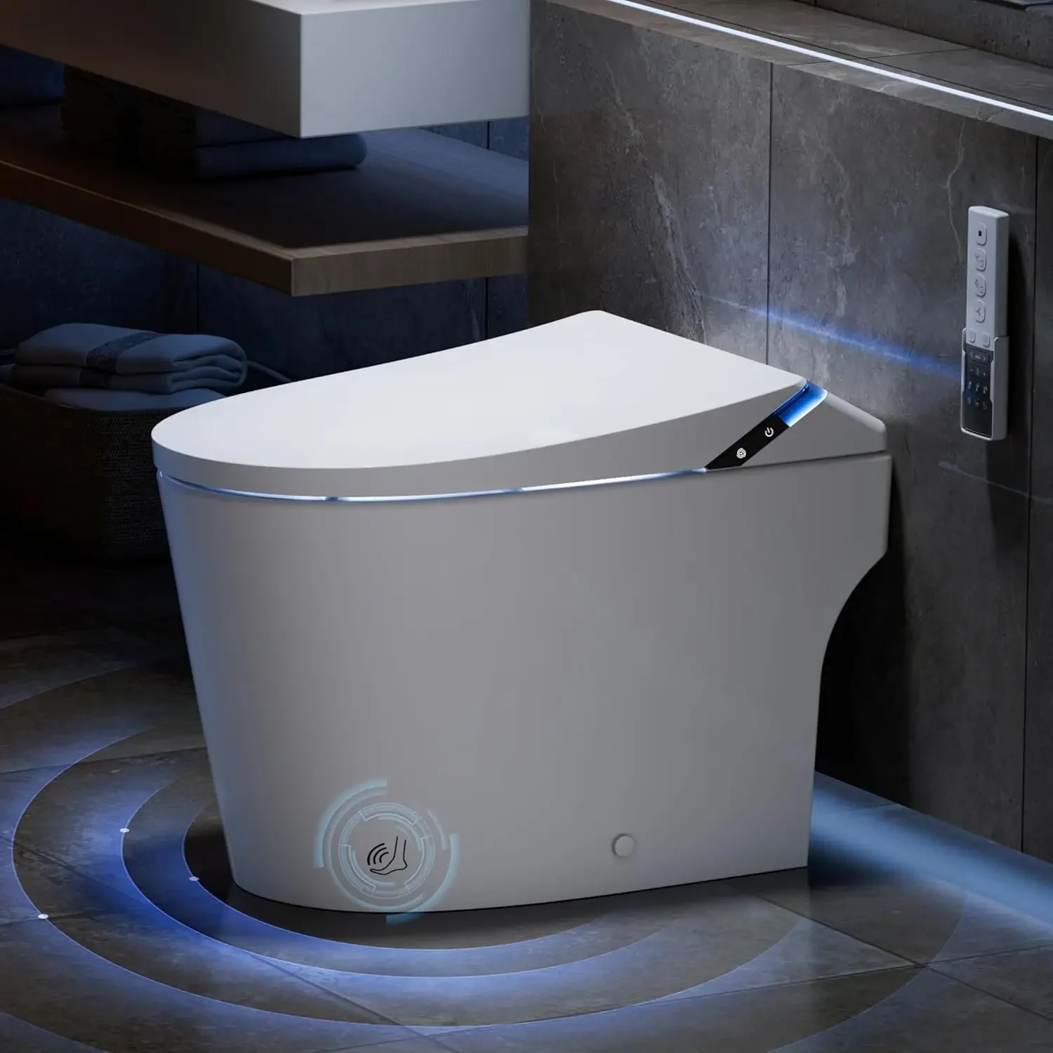 

Auto Flush, Foot Sensor, Heated Seat, Warm Water, Foam Dispenser, Elongated Bidets for Modern Bathroom, Remote, Night Light