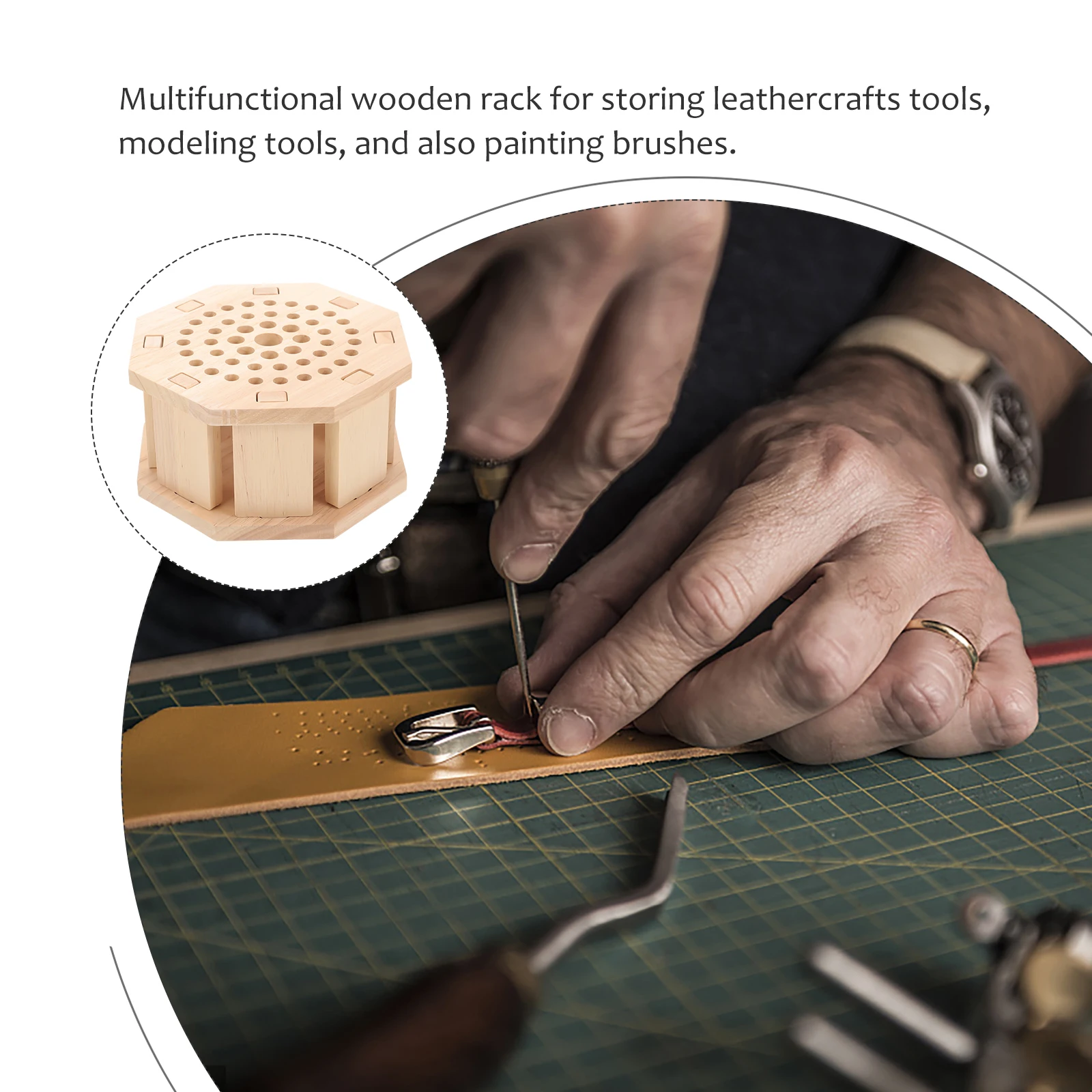 

Tools Rack Wood Stand Holder Sturdy Storage Organizer for Punch Carving Tools Painting Brushes Leathercraft DIY Beige