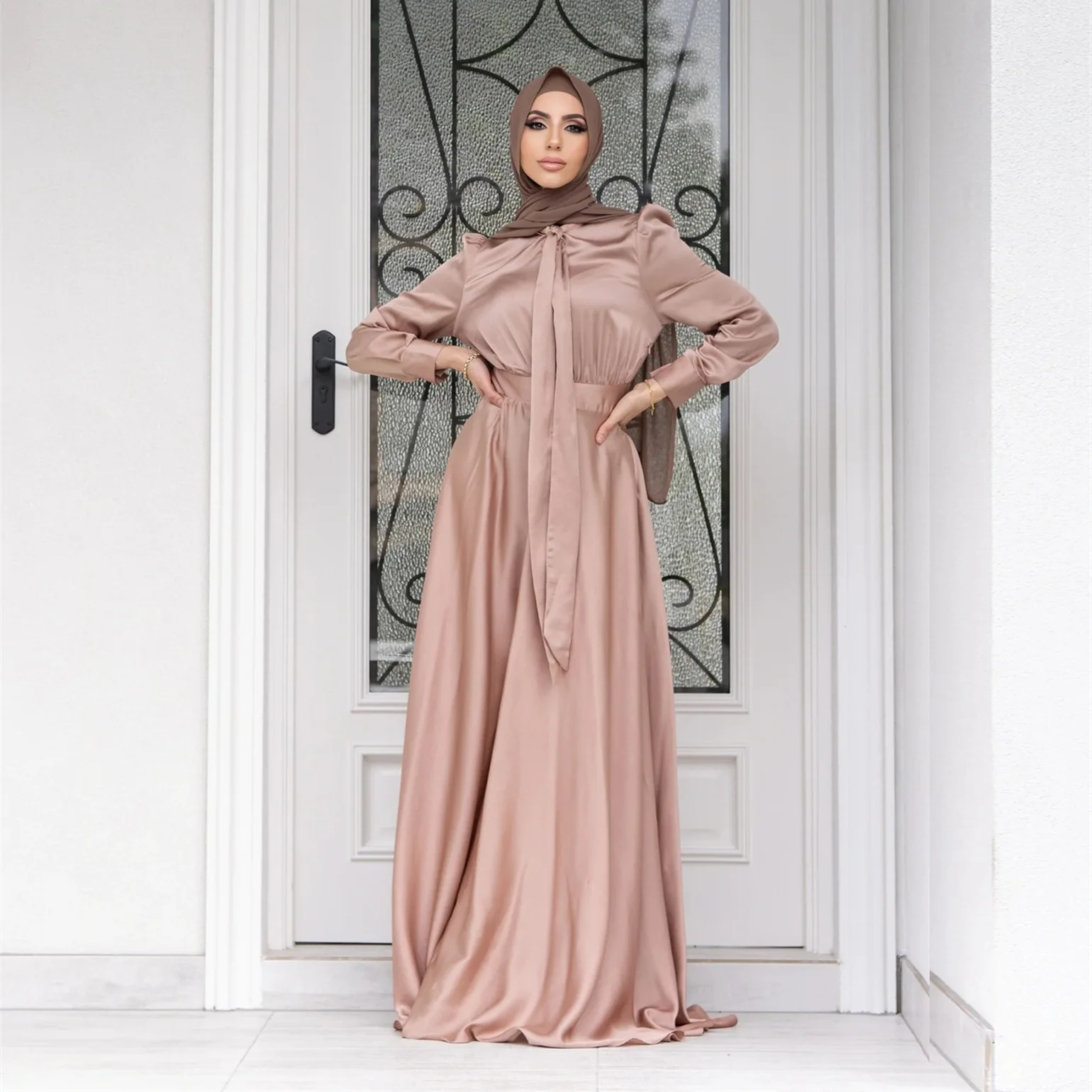 Women Satin Dress Muslim Abaya Solid Color Women Dress Long Sleeve Pullover Europe Fashion Muslim Dress Fashion Robe Vestidos