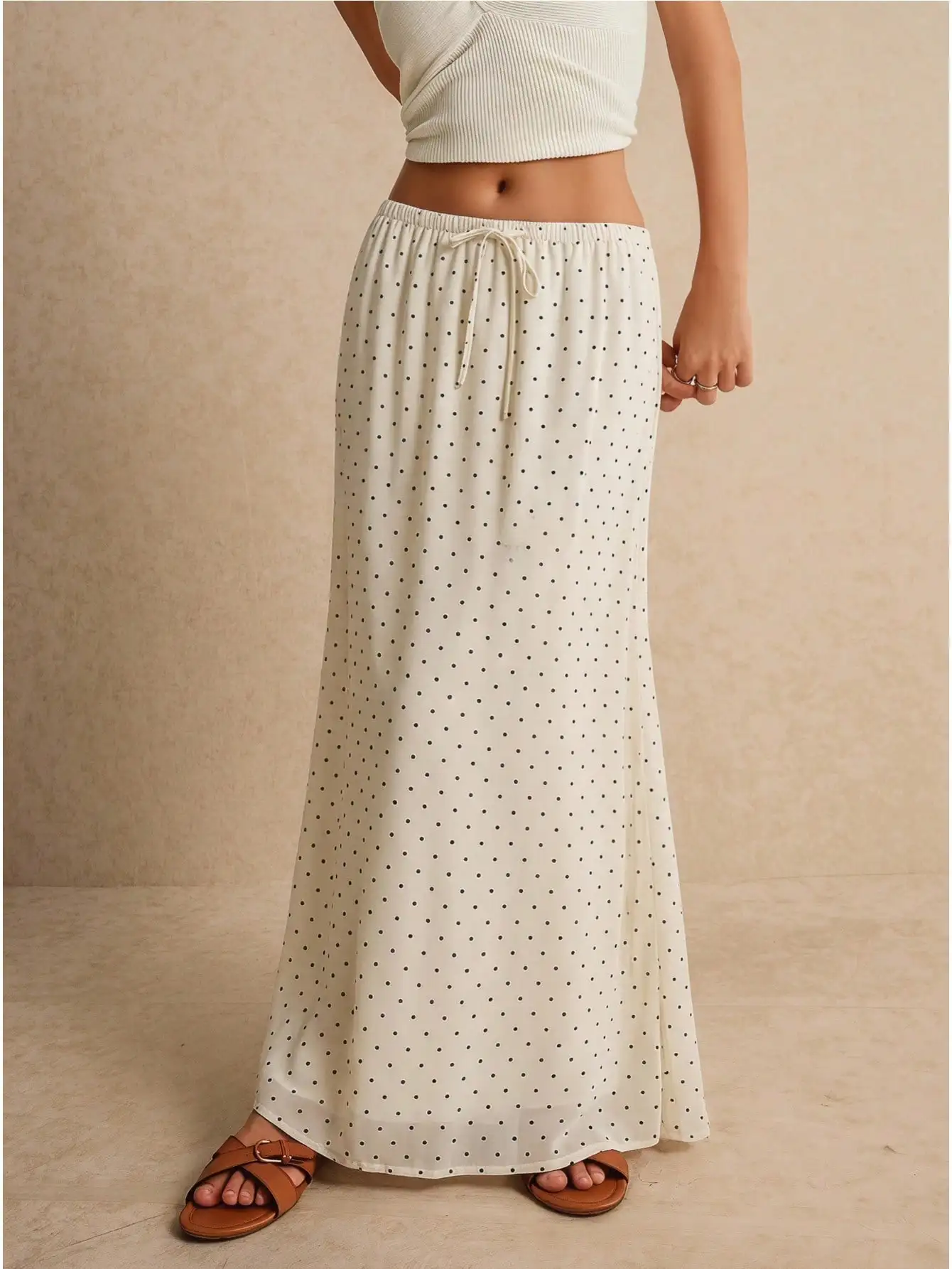 Poéselle Women's Drawstring Waist Polka Dot Casual Versatile Date Night & Outing Skirt,Polka Dot Skirt,Country Style For Women