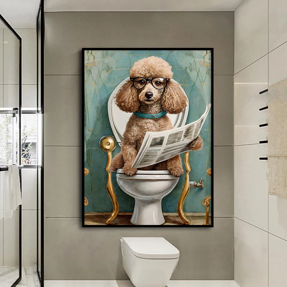 Poodle On Toilet Reading Newspaper Painting Modern Wall Art Canvas Painting Print Funny Animal Picture Bathroom Decor Cuadros