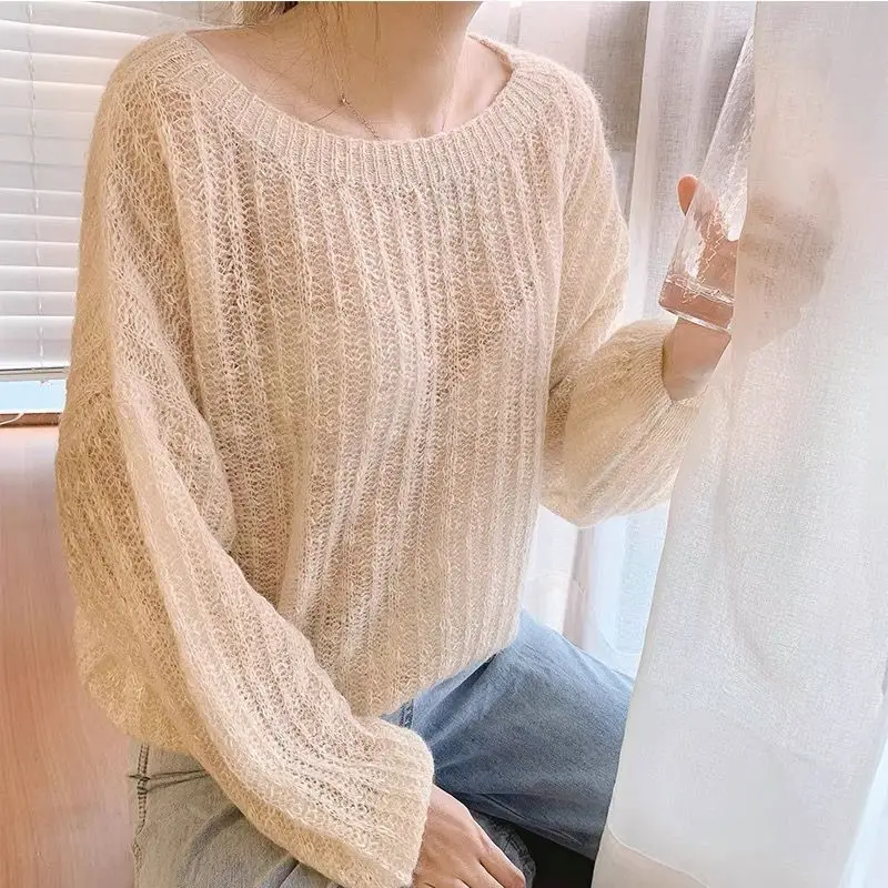 Early Autumn Thin Mohair Lantern Sleeve Sweater Women Round Neck Pullover Knit Sweater Loose Lazy Style Warm Apricot Color Top