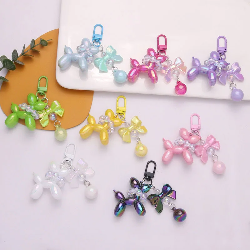 

Creative Colorful Acrylic Balloon Dog Keychain Pearl Bowknot Puppy Key Chain for Women Bag Charms Accessories Girl Friend Gift