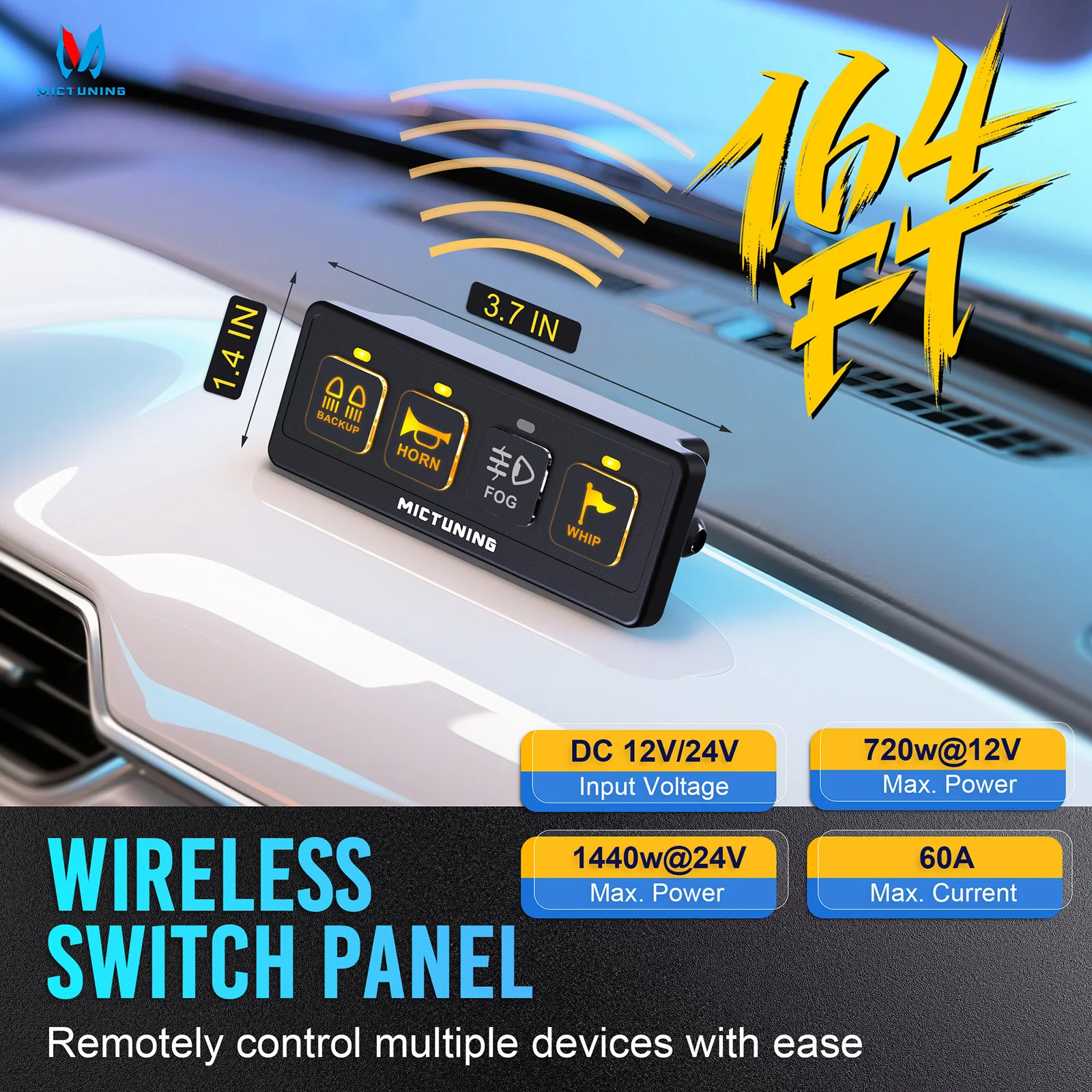 MICTUNING New Version 4 Gang Wireless Switch Panel Auxiliary Car Switch Panel Toggle/Momentary/Flash/Strobe Mode with ON-OFF Box