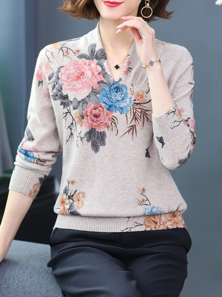 Floral Print Women's Sweaters Autumn Korean Style Women Clothing Pullover Long Sleeve Top Femme Soft V Neck Knitted Sweater