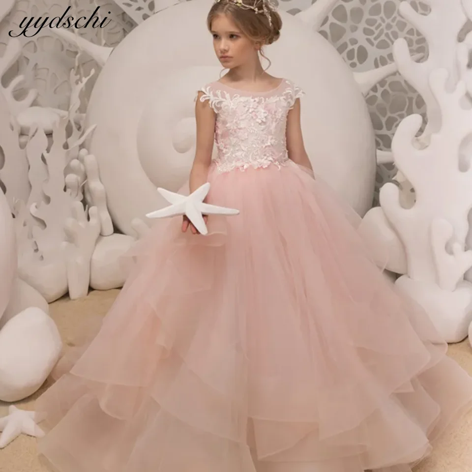 Flower  Lace Layer Ball Gown Appliques Fairy Dress Maxi Long Wedding Prom Dress Evening Party Girls Princess Dress For Girls