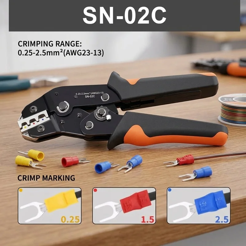 SN-02C Wire Crimping Tool Kit, AWG 23-13 Ratchet Crimper with 280PCS Insulated Terminals, Butt Ring Spade Cable Lugs Set