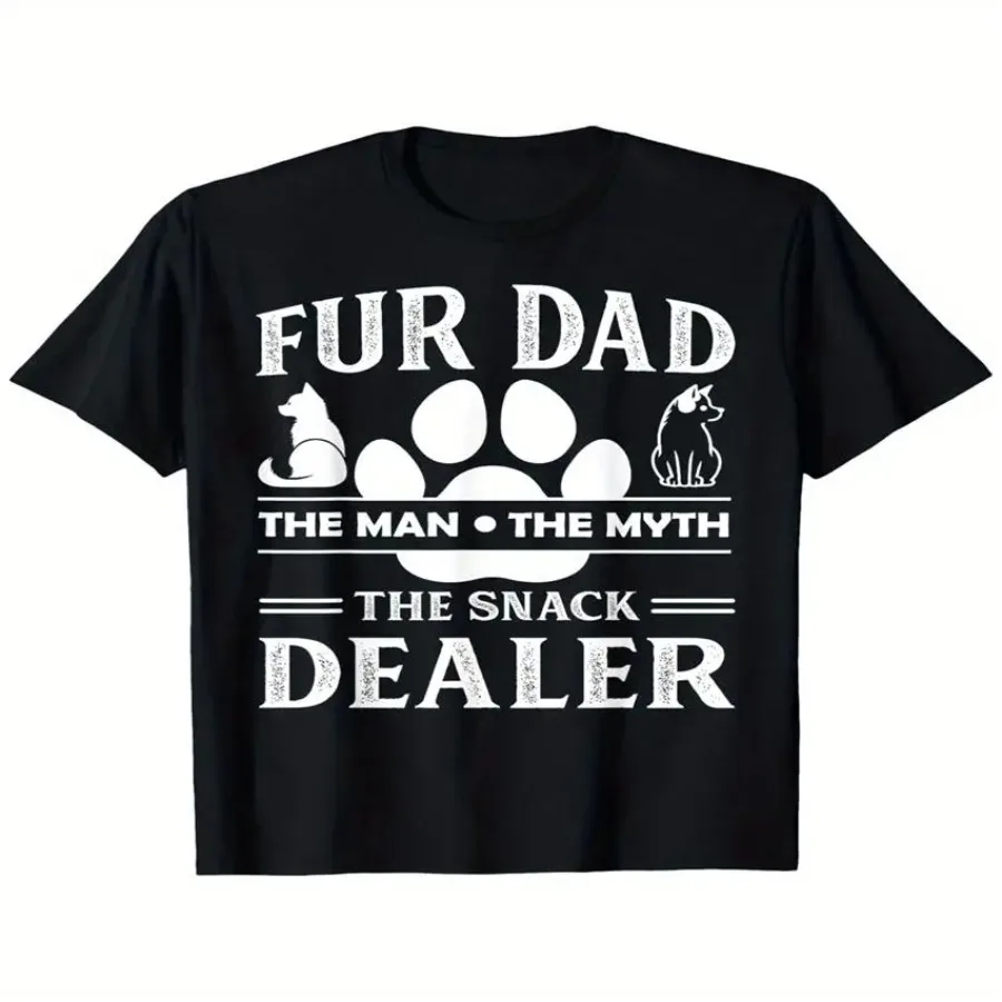 

Funny Fur Dad The for Man The Myth The Snack Dealer T-Shirt - Pet Dad Gift with Paw Prints - Black with White Text - Regular Fi