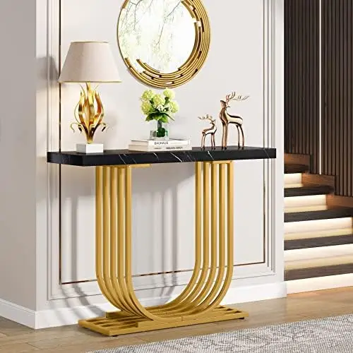 

Modern Console Table with Gold Base, 39.37 Inch Faux Marble Entryway Foyer Table, Narrow Sofa Accent Table with Geometric Metal