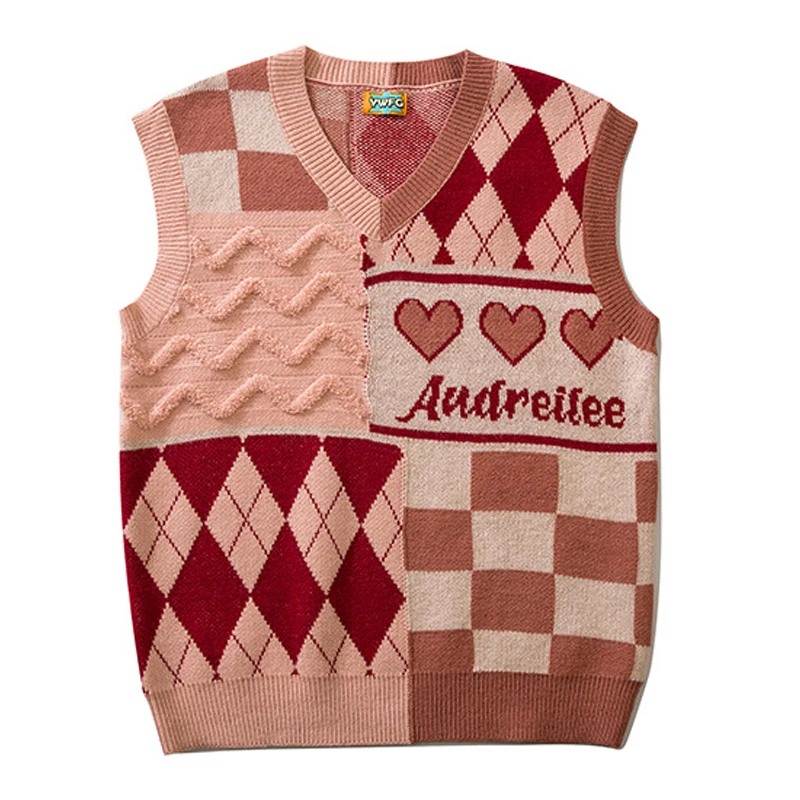 

2022 Autumn Pullovers Sweaters Sleeveless Vest Loose Color Matching Love Couple Knitted Vest Harajuku Mens Clothing pull homme