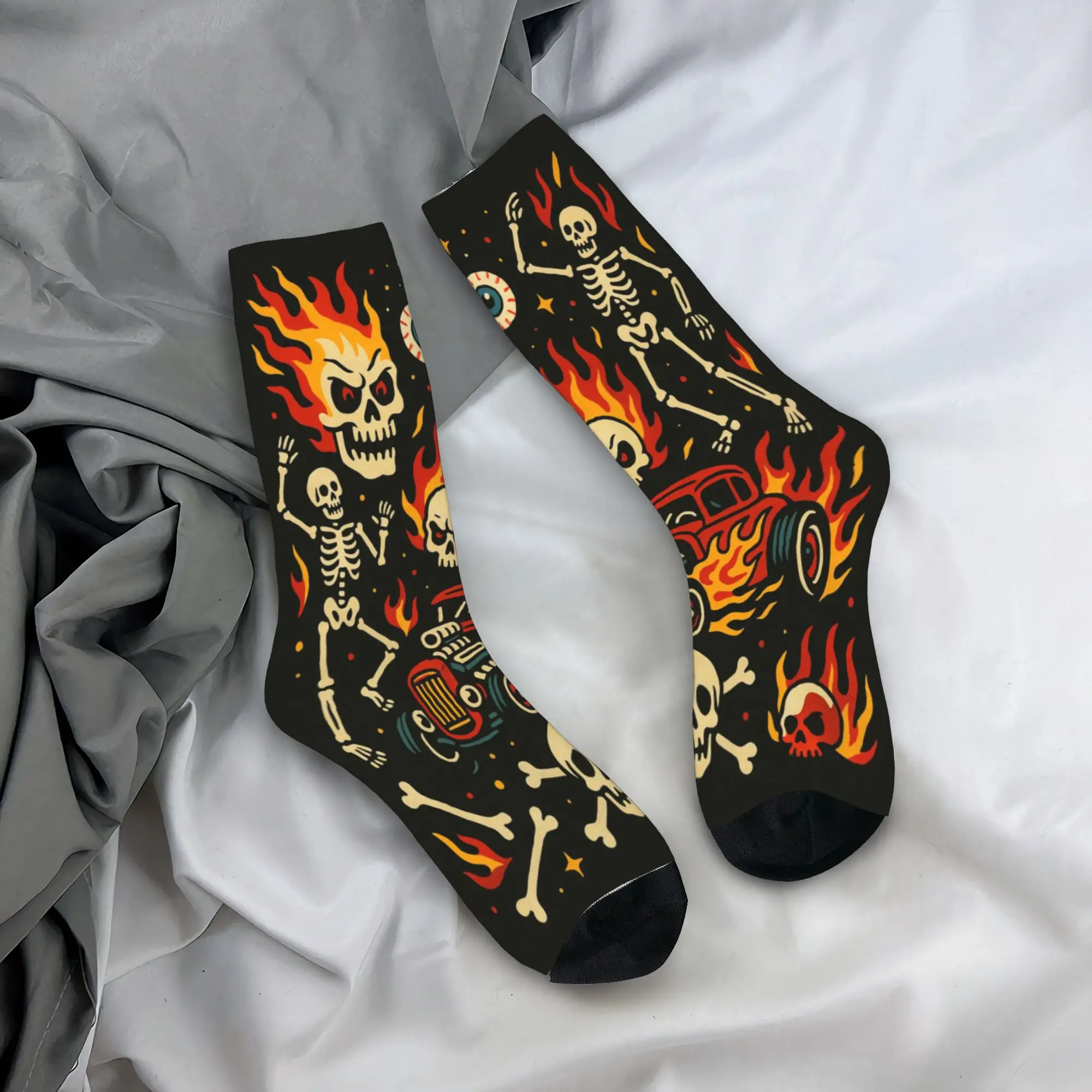 Punk Racing Skull Stockings  Graphic Retro Socks Autumn Anti Bacterial Socks Men Outdoor Soft Socks