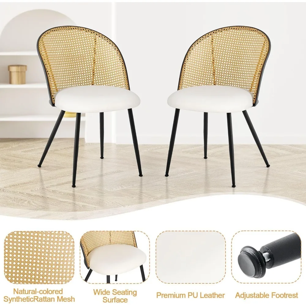 Set Kursi Makan 6 Buah Bergaya Mid-Century Modern dengan Sandaran Rotan, Jok Kulit Imitasi, dan Lengan Bergaya Farmhouse