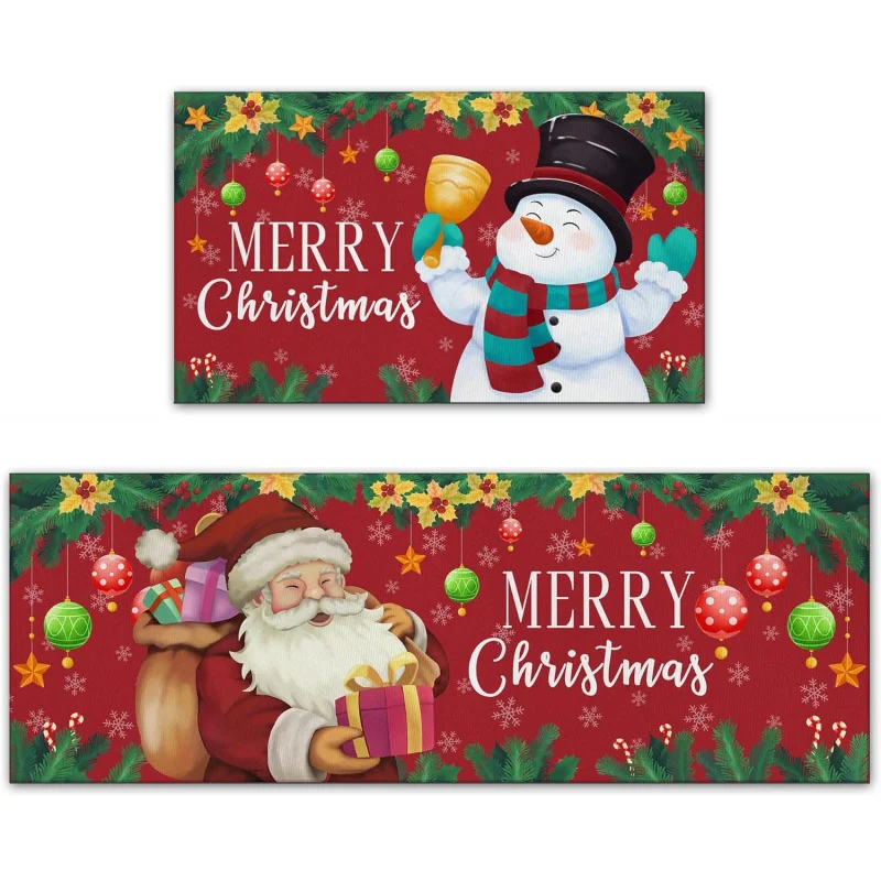 

Merry Christmas Kitchen Carpet 2-piece Set Snowman Red Winter Party Decoration Door Mat 16inX24in 17inX47in