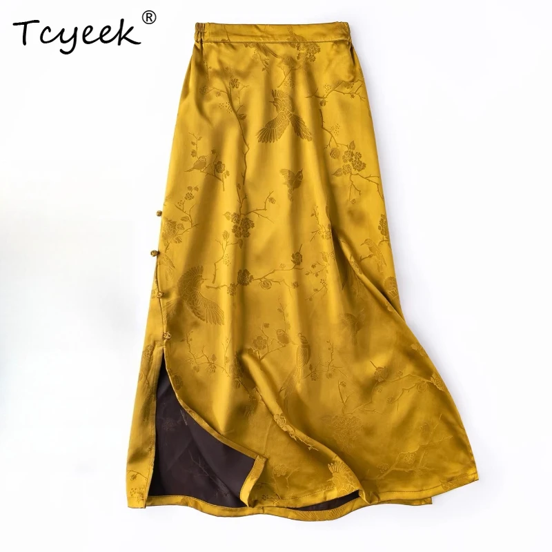 Tcyeek 100% Real Silk Women Skirts 45MM Silk Clothes for Lady 2026 Spring Elastic Waist Classical Straight Skirt Ropa Para Mujer