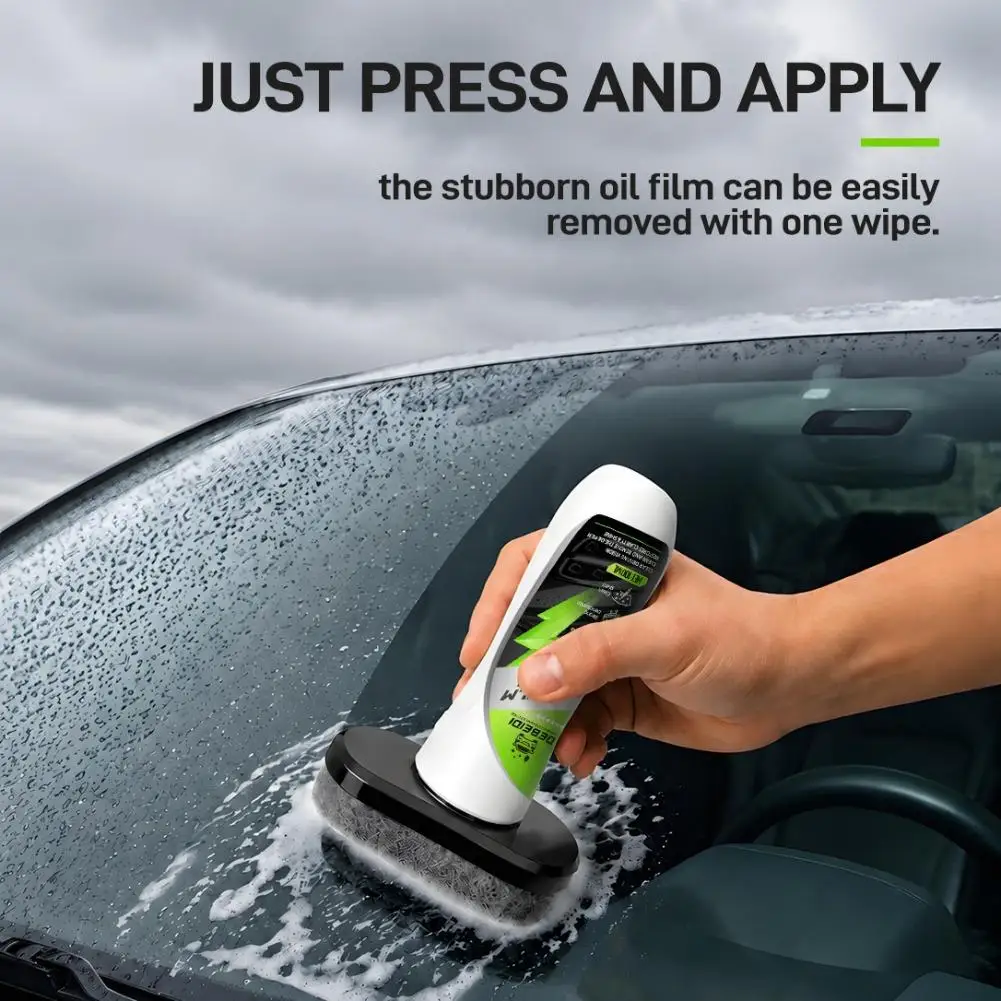 Car Glass Oil Film Remover Brush Press to Apply Auto Windshield Cleaning Degreaser Grime Smudge Clean Agent for Safer Driving