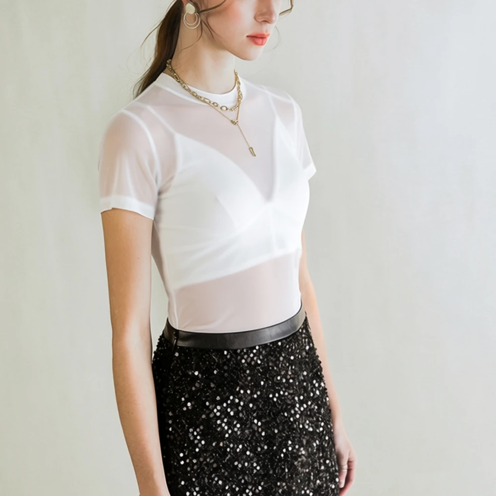 

Women Y2K Transparent Mesh T Shirt Girl Black White Sweet Solid Colors S-XL Short Sleeve O-neck Thin Female Blouses Top Clothes