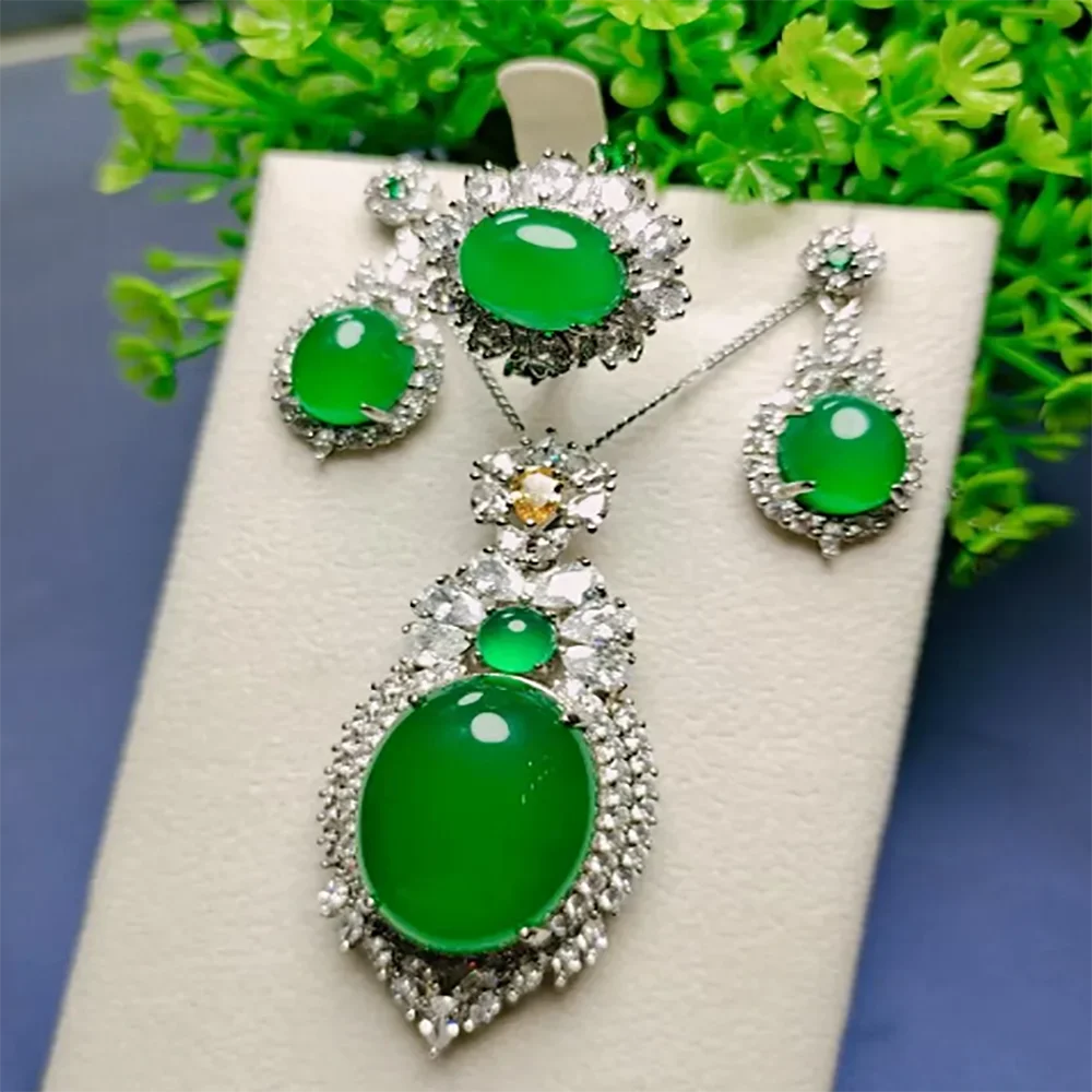 Natural Green Jade Earrings Ring And Pendant Necklace Jewelry Set Women Genuine Chrysoprase Certified Jades Stone Jewellery