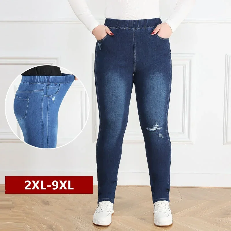 Jeans de cintura alta rasgada para mulheres, calças jeans para meninas, calças de lápis esticadas femininas extragrandes, slim fit, 5XL, 6XL, 7XL, 8XL, 9XL, plus size