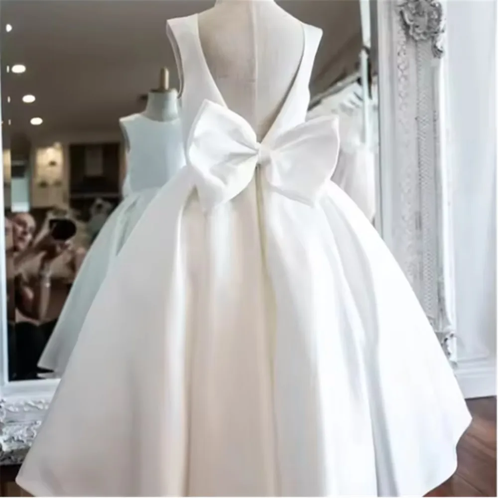 Satin Flower Girl Wedding Dress Sleeveless With Bow Kids Special Occasions Prom Dress Birthday Party Gown vestidos de comunión