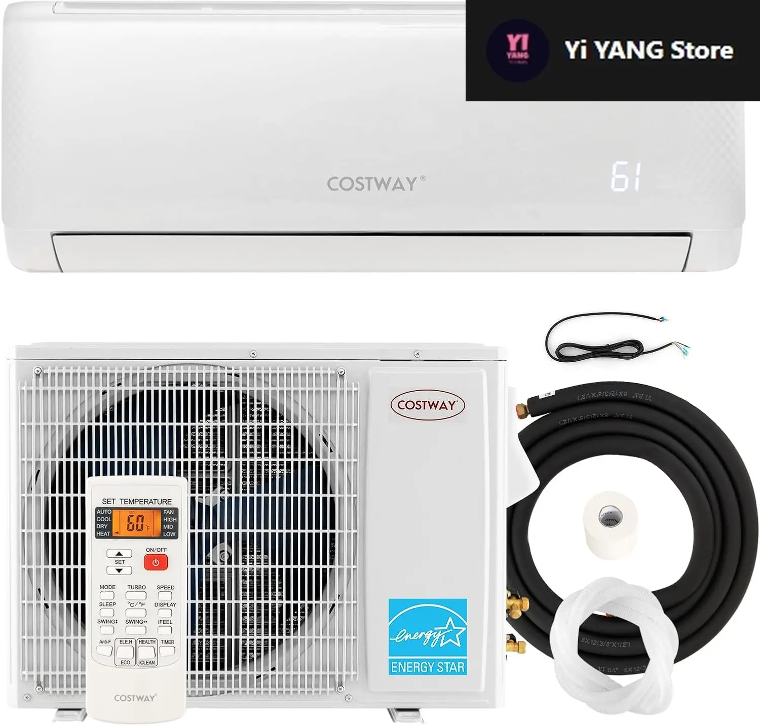 

12,000 BTU Mini Split Air Conditioner, with Heat Pump, Energy Star, 21 SEER2 Inverter, 24H Timer, Auto Clean, Remote Control