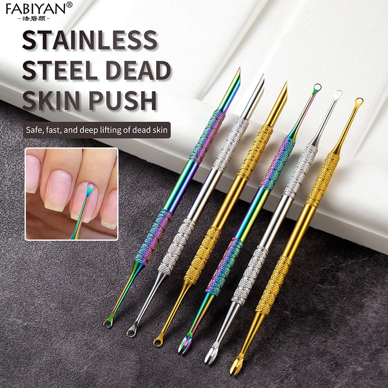 Stainless Steel Cuticle Pusher Double Headed Dead Skin Push Cuticle Remover Circle Beveled Nail Grinding File Manicure Tools