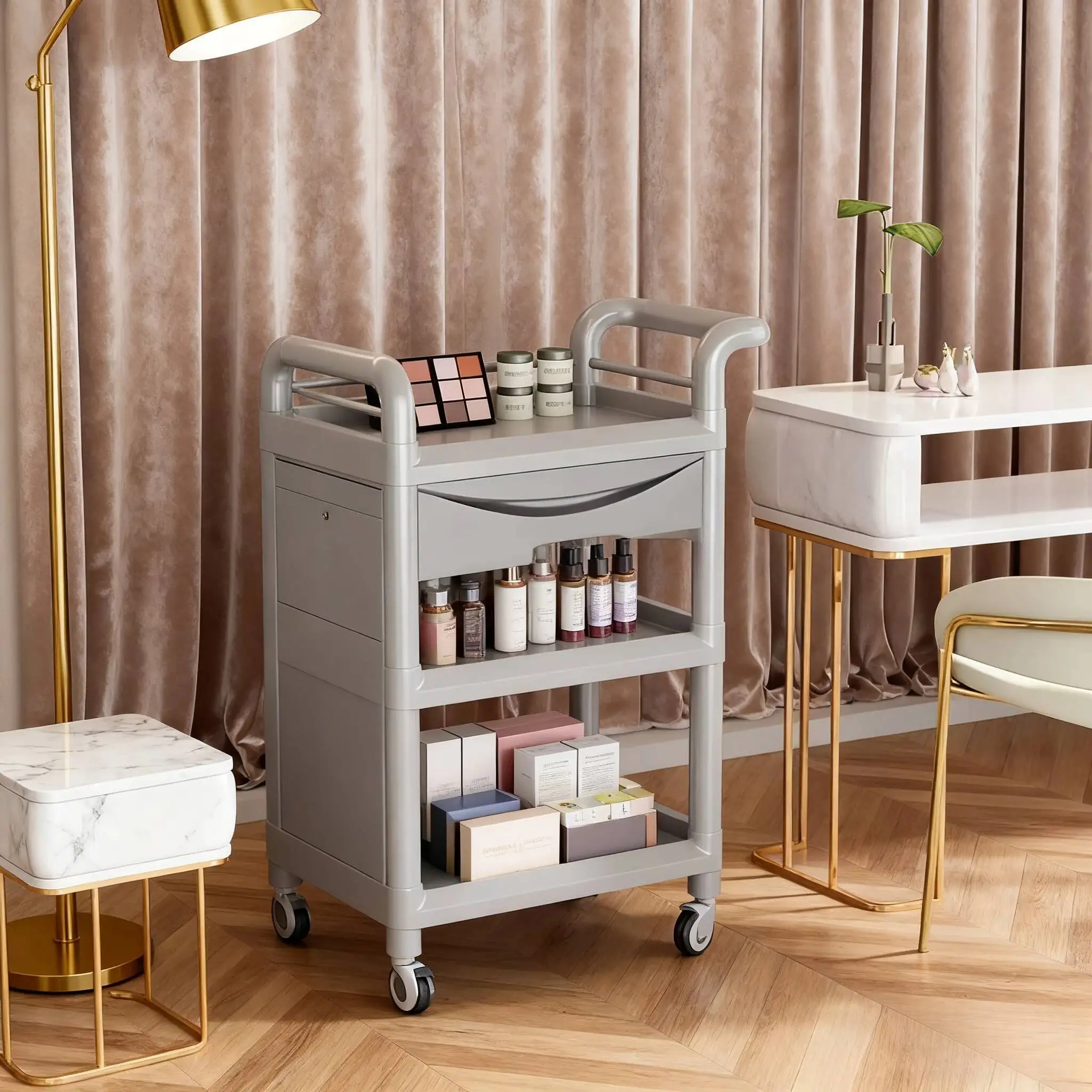Wheels Beauty Salon Trolly Aesthetic Trolleys With Ruedss Hair Trolley 2-tier Auxiliary Car Make Up Furniture Professional Bar