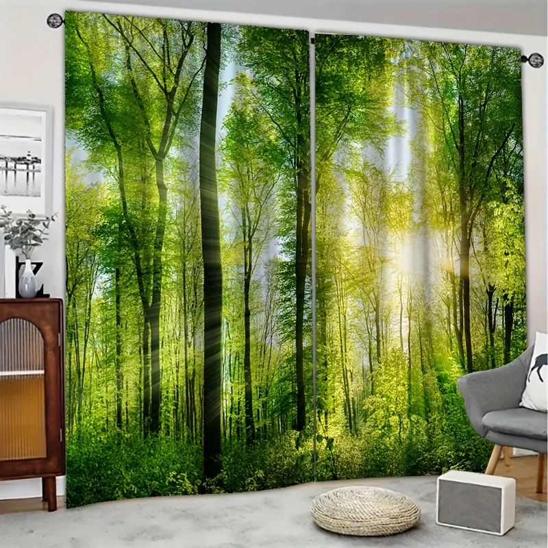 Natural Sunlight Forest Window Curtain Fresh Green Tall Tree Print Light Filter Drape For Living Room Bedroom Hotel Indoor Home