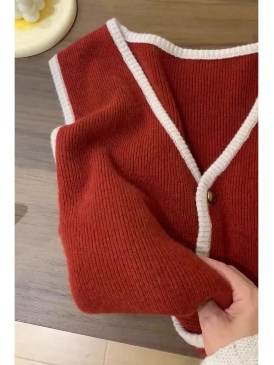 

Red Knitted Open Cardigan Vest Women's Autumn Winter Outerwear Layering Top Christmas New Year Fashion plus Size Knitwear