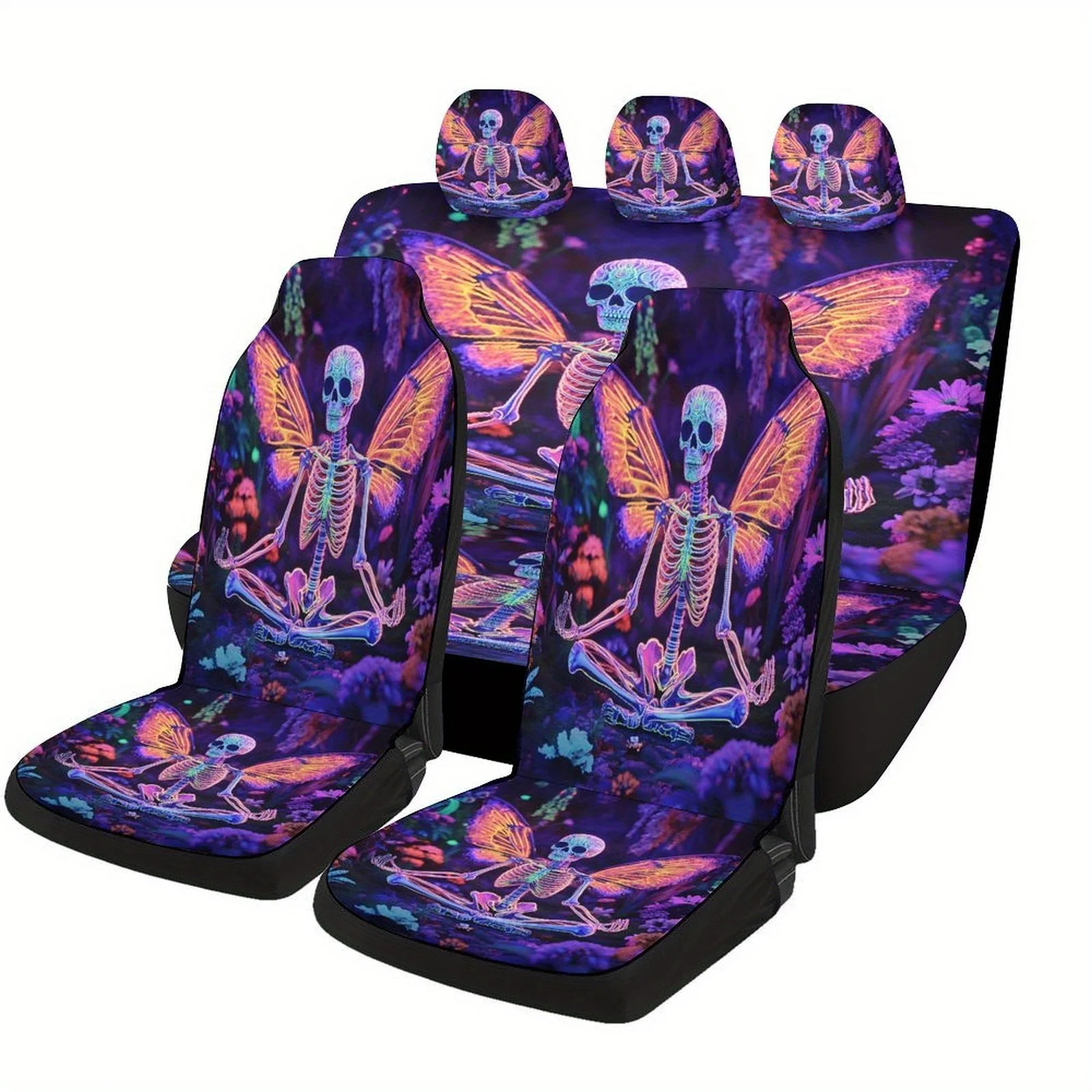 

Neon Skeleton With Butterfly Wings Themed Car Seat Cover Set For Most Cars, Fashion Novelty Car Seat Protector Covers Full Set,