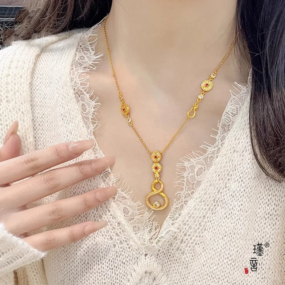 

Gold Shop 24K real gold dot diamond Fulu Ling Snake Pendant Necklace au999 pure gold hollow coin snake collarbone chain
