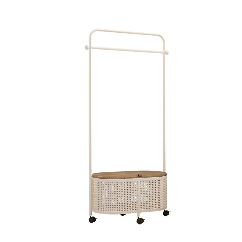 Wooden Bedroom Floor Hanging Hanger Dirty Clothes Basket Household Wrought Iron Clothes Storage Rack Simple Removable Coat Rack