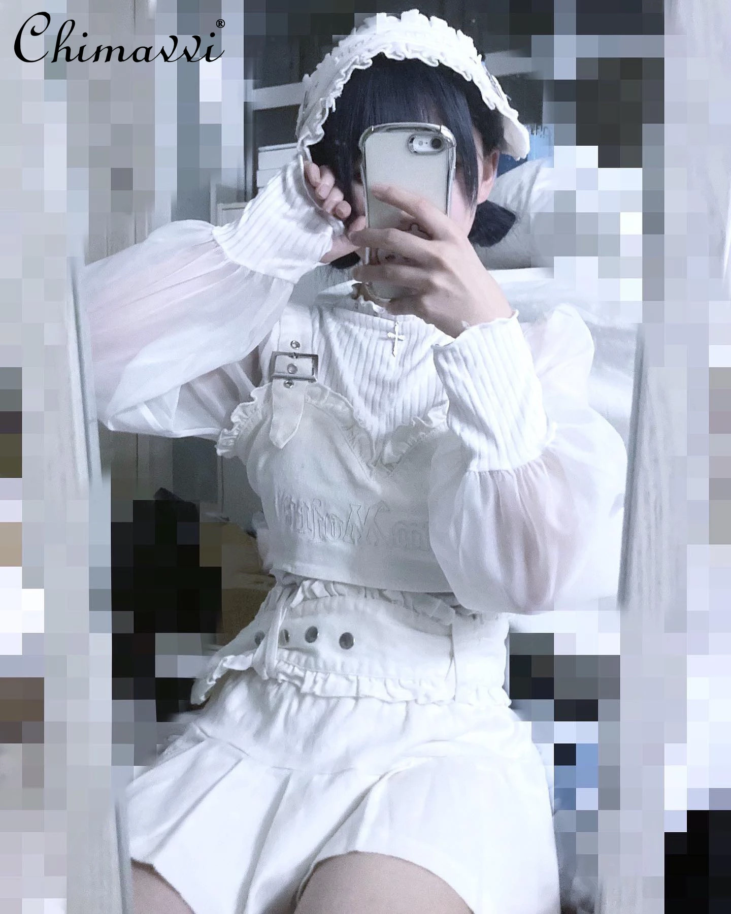 

Japanese Harajuku Punk Lolita Pullover Womens Top New 2025 Autumn Mass-Produced Sweet Cool Girl Mesh Patchwork Base Shirt