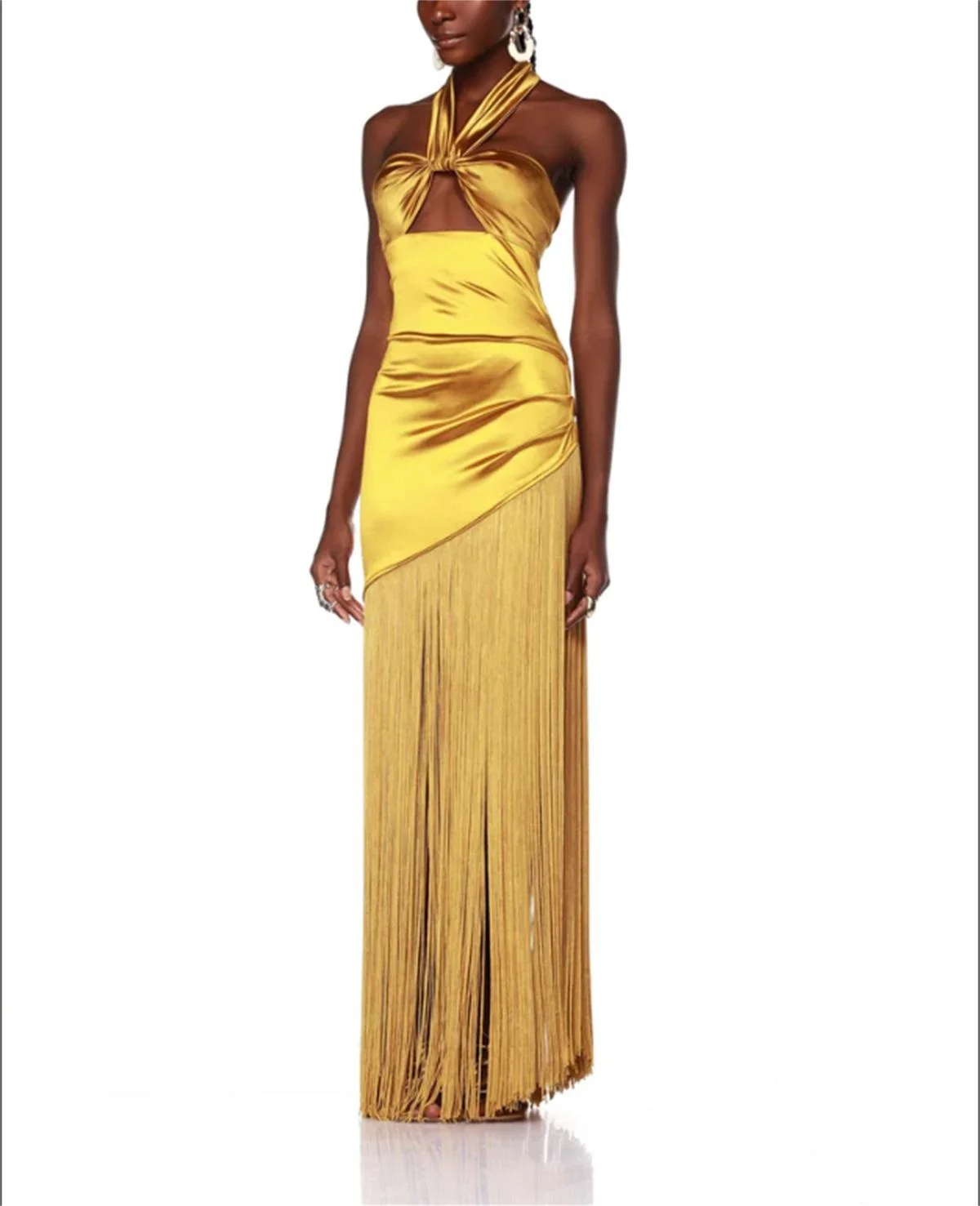 Fashion Yellow Halterneck Prom Dress Sleeveless Satin Tassel Skirt Evening Dress Sexy Cutout Special Occasion 2024 Custom