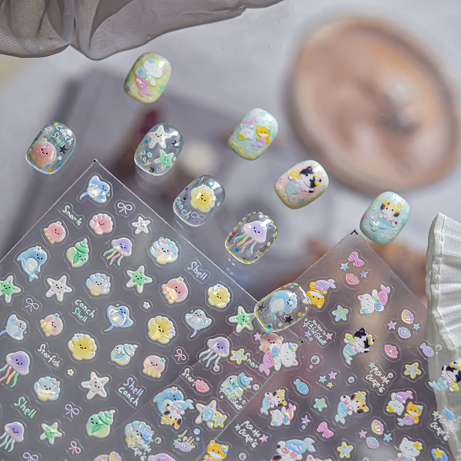 Autocollants pour ongles en forme de chat sirène, mignon, coquille 5D, gelée légère, coquille de poisson, adhésif pour ongles, pièces de décoration de manucure d'été à faire soi-même