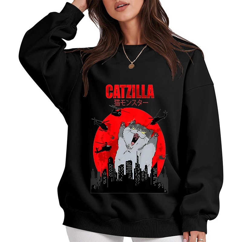 Śmieszne bluzy z grafiką kotów dla kobiet, ubrania Y2k, nadrukowane bluzy z okrągłym dekoltem, streetwear, odzież codzienna męska