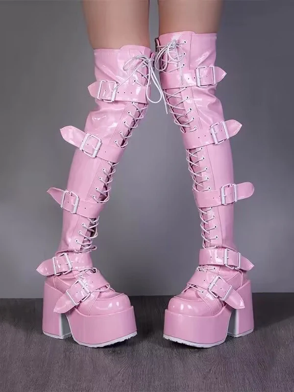 

Y2K Harajuku ibuya INS Thi Bot Тонкие ботильоны из искусственной кожи на высоком каблуке выше колена с водонепроницаемой платформой Millennium Сексуальные ботильоны для девочек