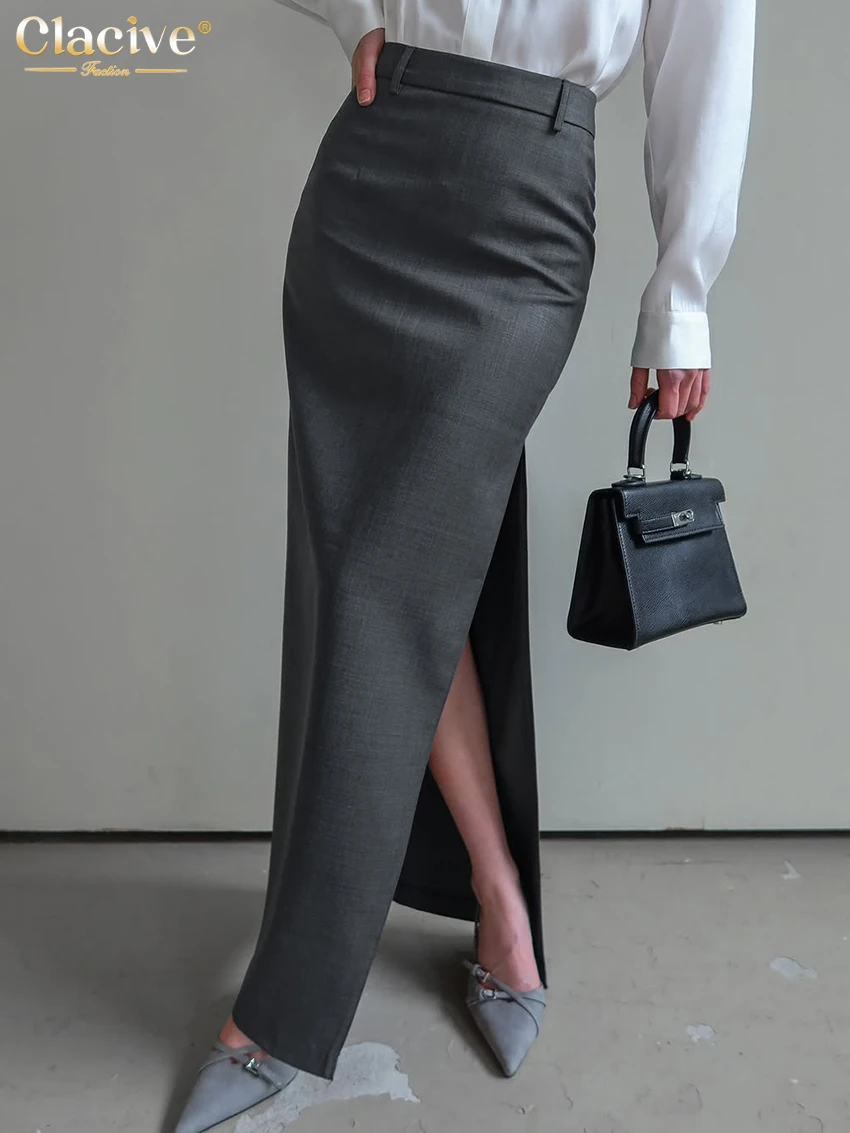Clacive Fashion Loose Gray Office Women's Skirt 2025 Casual High Waist Maxi Skirt Elegant Classic Slit Skirt Female Clothing