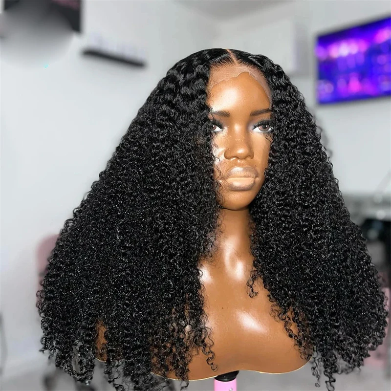 Glueless Natural Black Soft Preplucked 28 inch Long 200% Density Kinky Curly Lace Front Wig For Women With Baby Hair