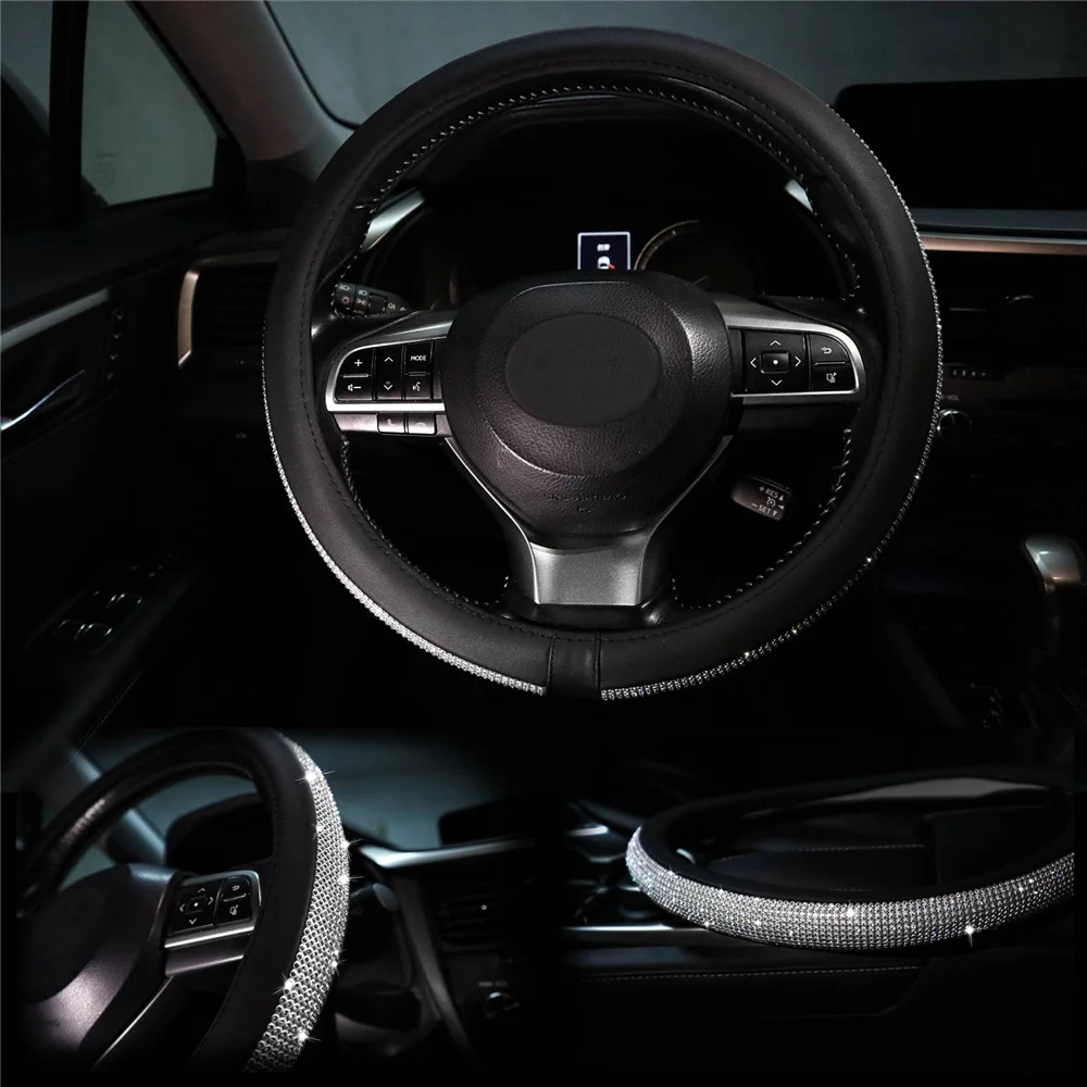 36CM/38CM PU skórzany diamentowy pokrowiec na kierownicę Rhinestone kryształowy Bling dla VW Opel Toyota Nissan Ford akcesoria samochodowe — zdjęcie 4