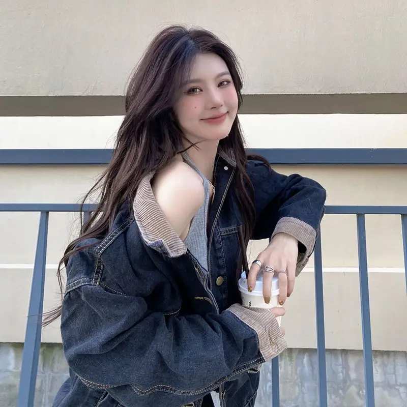 

Denim Coats For Ladies Womens Summer Knitted Ultra-Short Open-Front Drop-Shoulder Balloon Sleeved Minimalist Pocketed Airy Daily