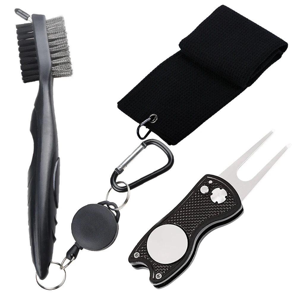 All-In-One Golf Accessories Set: Microfiber Towel Groove Cleaner Brush Divot Repair Tool Golf Accessories Three Piece Set